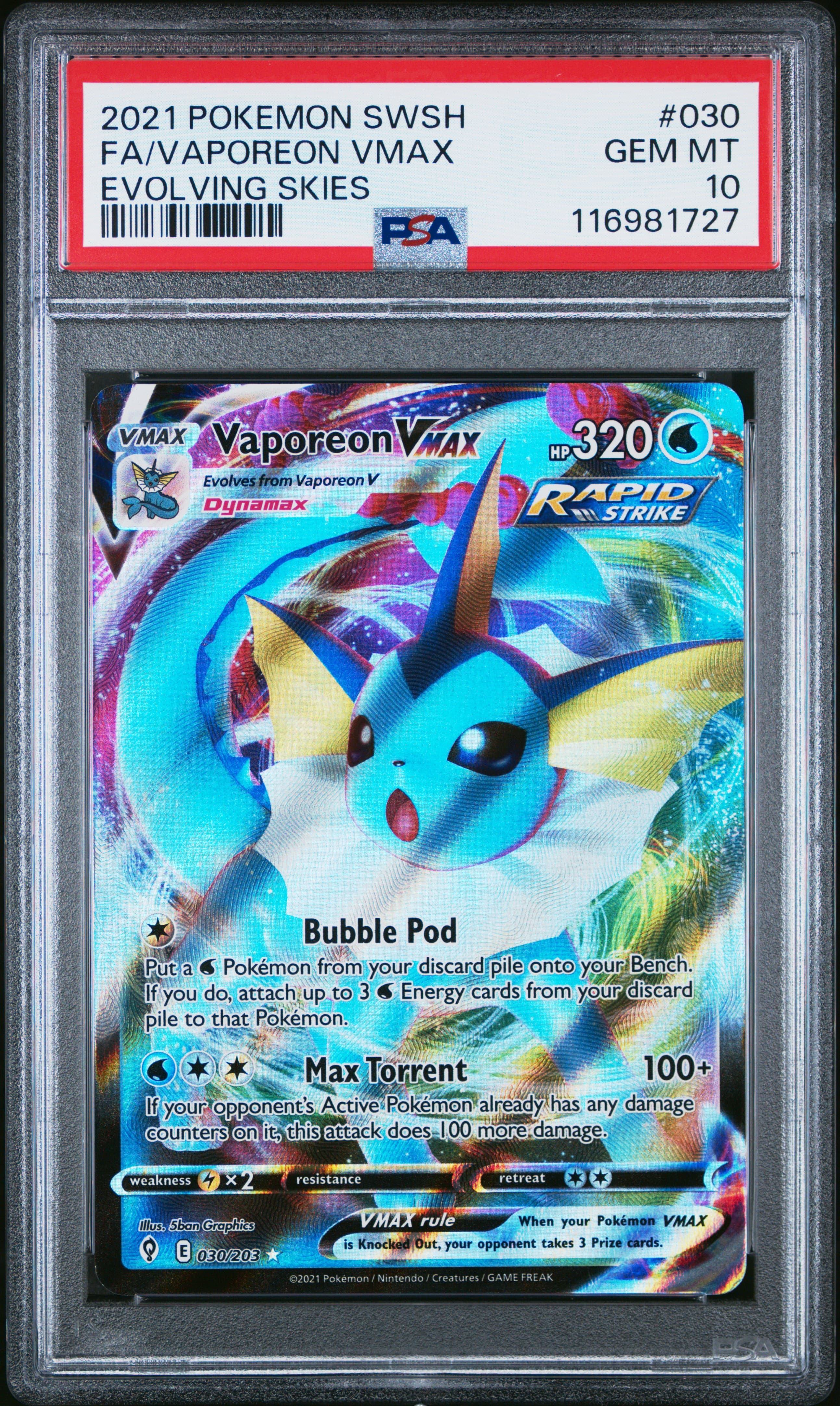 2021 Sword & Shield Evolving Skies Fa/Vaporeon Vmax (PSA 10)